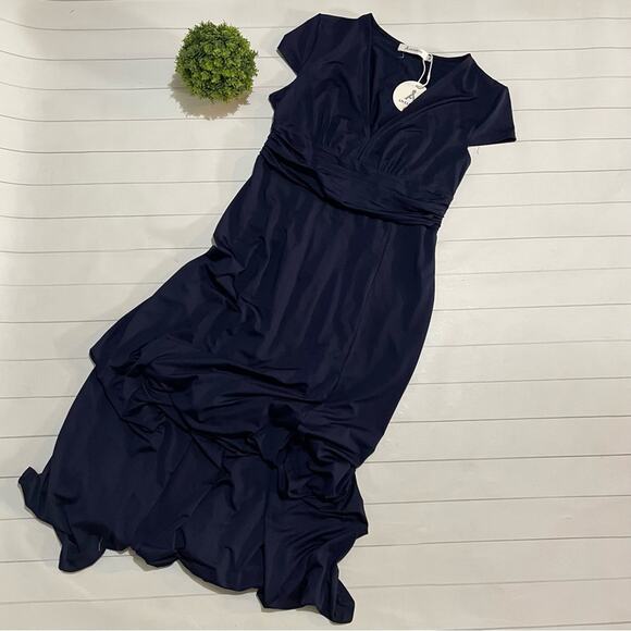 NWT Navy Blue V Neck Short Sleeve Long Modest Maxi Dress Women’s Size Medium - Picture 1 of 8